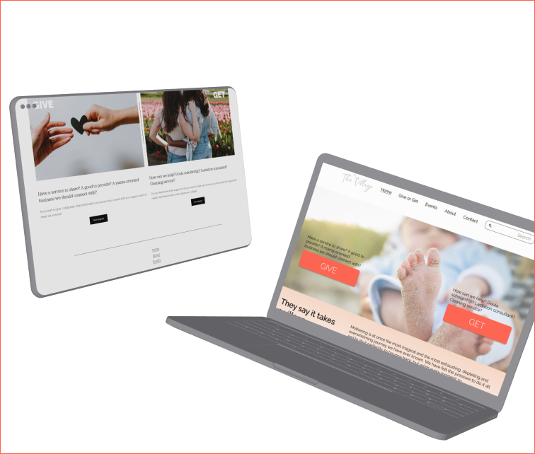 tablet and laptop mockups of The Village website